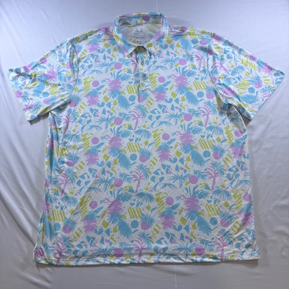 Huk Mens XXL Tropical Palm Tree Print Performance Polo Shirt Pastel Short Sleeve